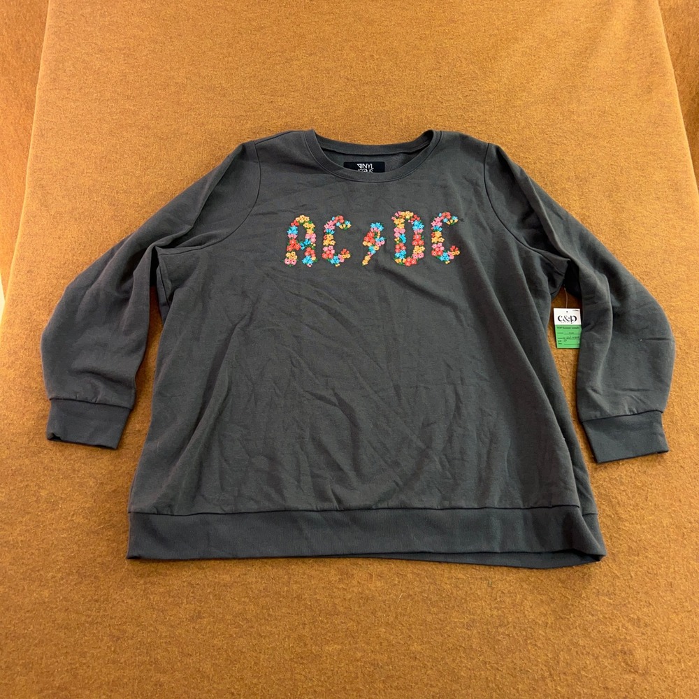 Vinyl Icons Womens 4X Gray Floral AC/DC Embroidered Graphic Sweatshirt NWT